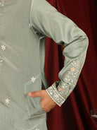Luxe Men's Tissue Fabric Multi Color Floral Embroidery with Mirror Work Kurta - Green