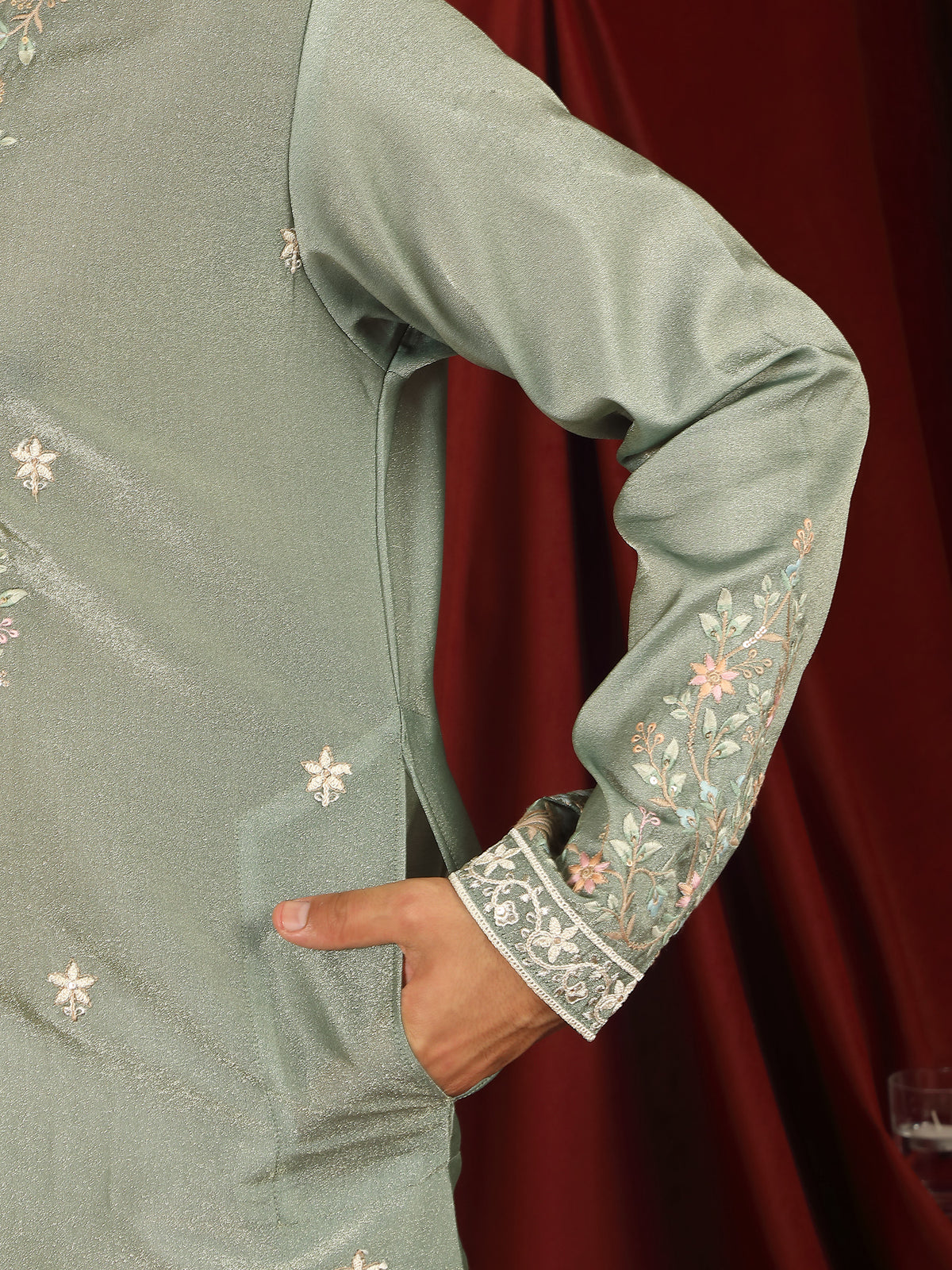 Luxe Men's Tissue Fabric Multi Color Floral Embroidery with Mirror Work Kurta - Green