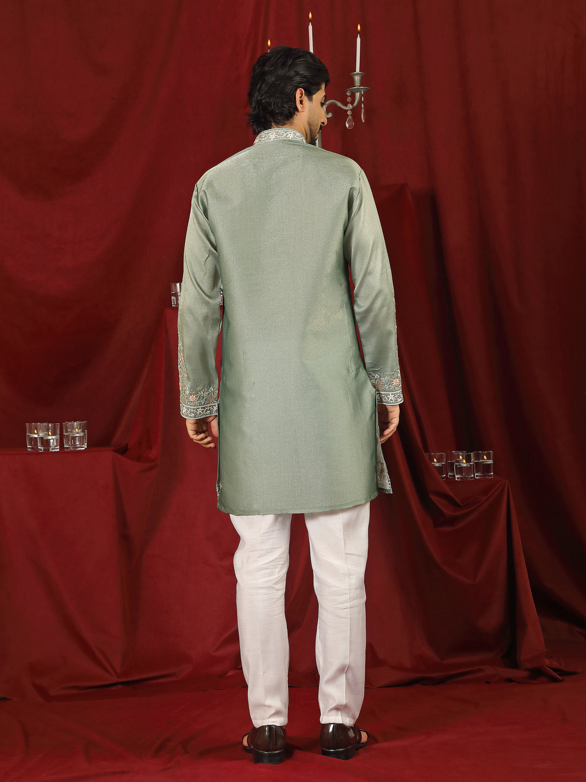 Luxe Men's Tissue Fabric Multi Color Floral Embroidery with Mirror Work Kurta - Green