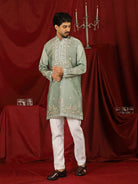 Luxe Men's Tissue Fabric Multi Color Floral Embroidery with Mirror Work Kurta - Green
