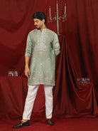 Luxe Men's Tissue Fabric Multi Color Floral Embroidery with Mirror Work Kurta - Green