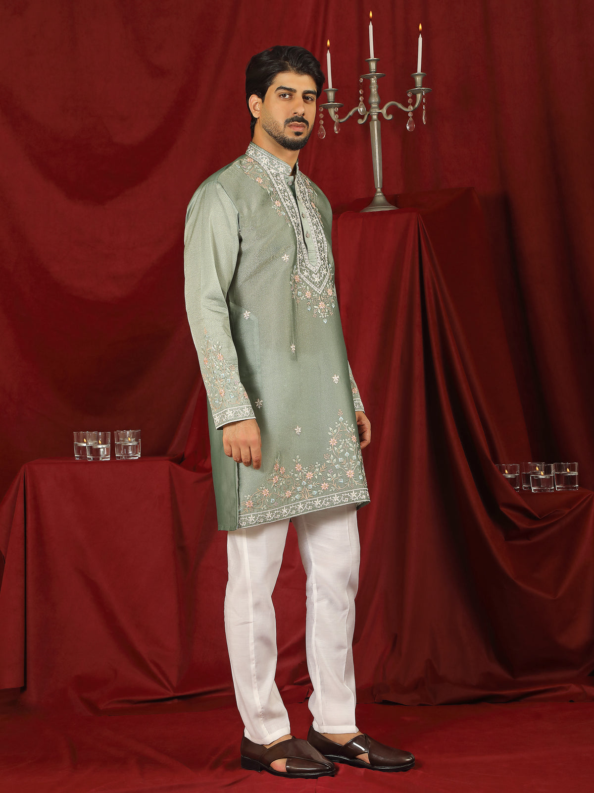 Luxe Men's Tissue Fabric Multi Color Floral Embroidery with Mirror Work Kurta with Trouser Set - Green