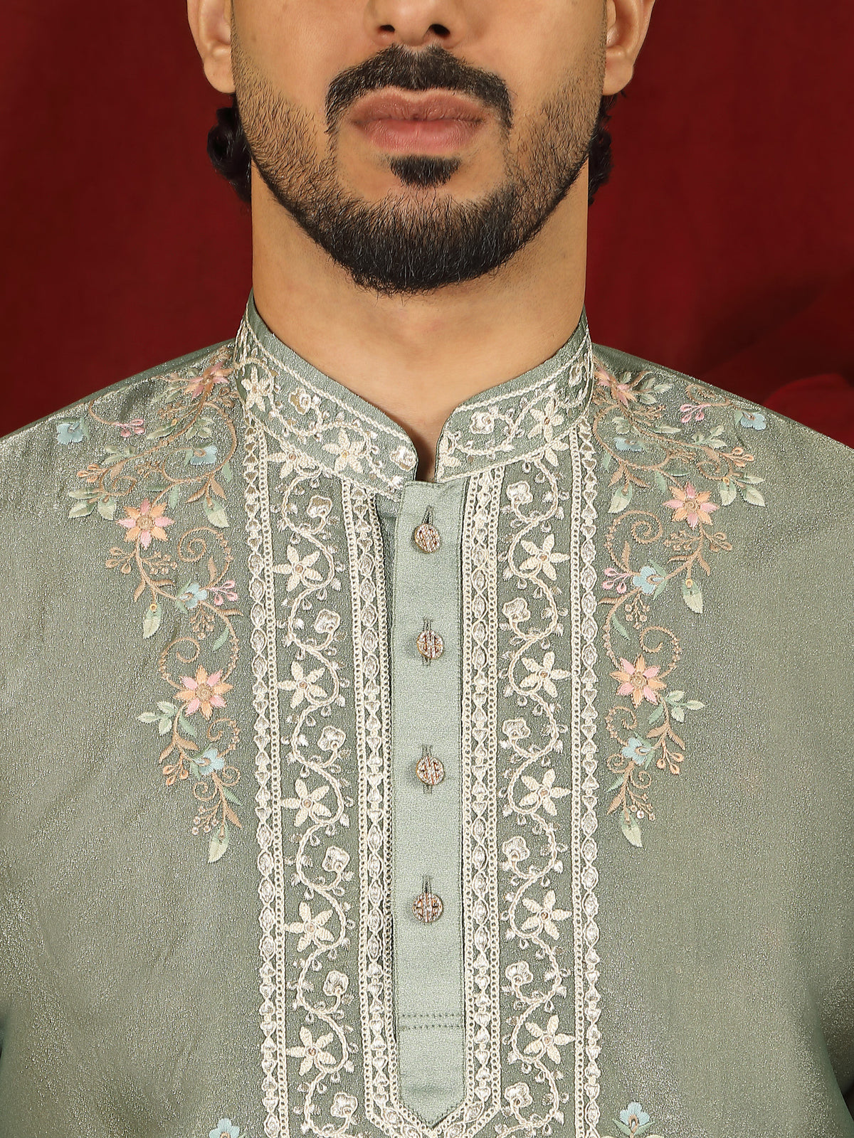 Luxe Men's Tissue Fabric Multi Color Floral Embroidery with Mirror Work Kurta with Trouser Set - Green