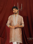 Luxe Men's Tissue Fabric Multi Color Floral Embroidery with Mirror Work Kurta - Rust