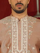 Luxe Men's Tissue Fabric Multi Color Floral Embroidery with Mirror Work Kurta - Rust