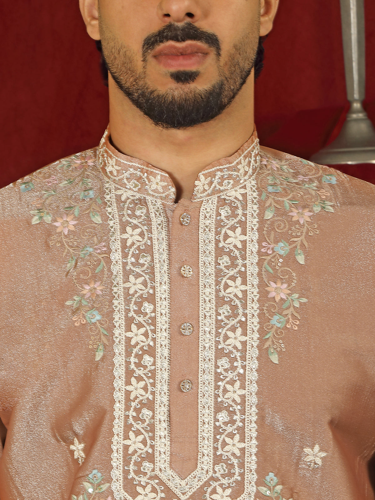 Luxe Men's Tissue Fabric Multi Color Floral Embroidery with Mirror Work Kurta - Rust