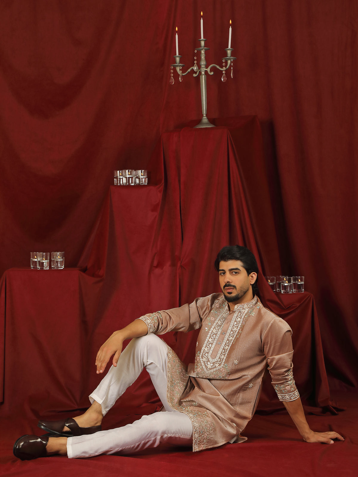 Luxe Men's Tissue Fabric Multi Color Floral Embroidery with Mirror Work Kurta - Rust