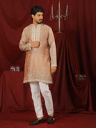 Luxe Men's Tissue Fabric Multi Color Floral Embroidery with Mirror Work Kurta with Trouser Set - Rust