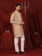 Luxe Men's Tissue Fabric Multi Color Floral Embroidery with Mirror Work Kurta with Trouser Set - Rust