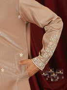 Luxe Men's Tissue Fabric Multi Color Floral Embroidery with Mirror Work Kurta with Trouser Set - Rust