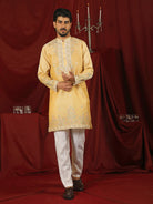 Luxe Men's Tissue Fabric Multi Color Floral Embroidery with Mirror Work Kurta - Yellow