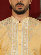 Luxe Men's Tissue Fabric Multi Color Floral Embroidery with Mirror Work Kurta - Yellow