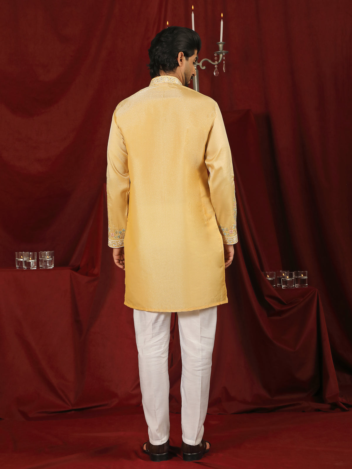 Luxe Men's Tissue Fabric Multi Color Floral Embroidery with Mirror Work Kurta - Yellow