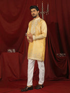 Luxe Men's Tissue Fabric Multi Color Floral Embroidery with Mirror Work Kurta with Trouser Set - Yellow