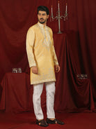Luxe Men's Tissue Fabric Multi Color Floral Embroidery with Mirror Work Kurta with Trouser Set - Yellow