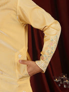 Luxe Men's Tissue Fabric Multi Color Floral Embroidery with Mirror Work Kurta with Trouser Set - Yellow