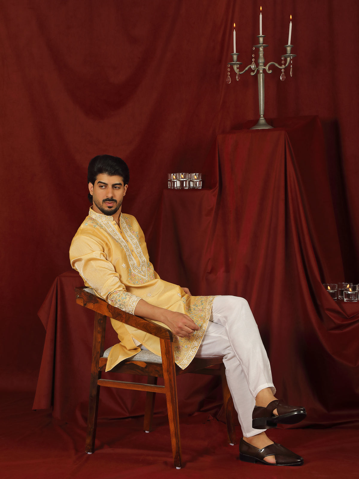 Luxe Men's Tissue Fabric Multi Color Floral Embroidery with Mirror Work Kurta with Trouser Set - Yellow