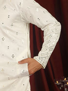Luxe Men's Cotton Silk Fabric All Over Floral Patterned Mirror Embroidery Work Kurta - Cream