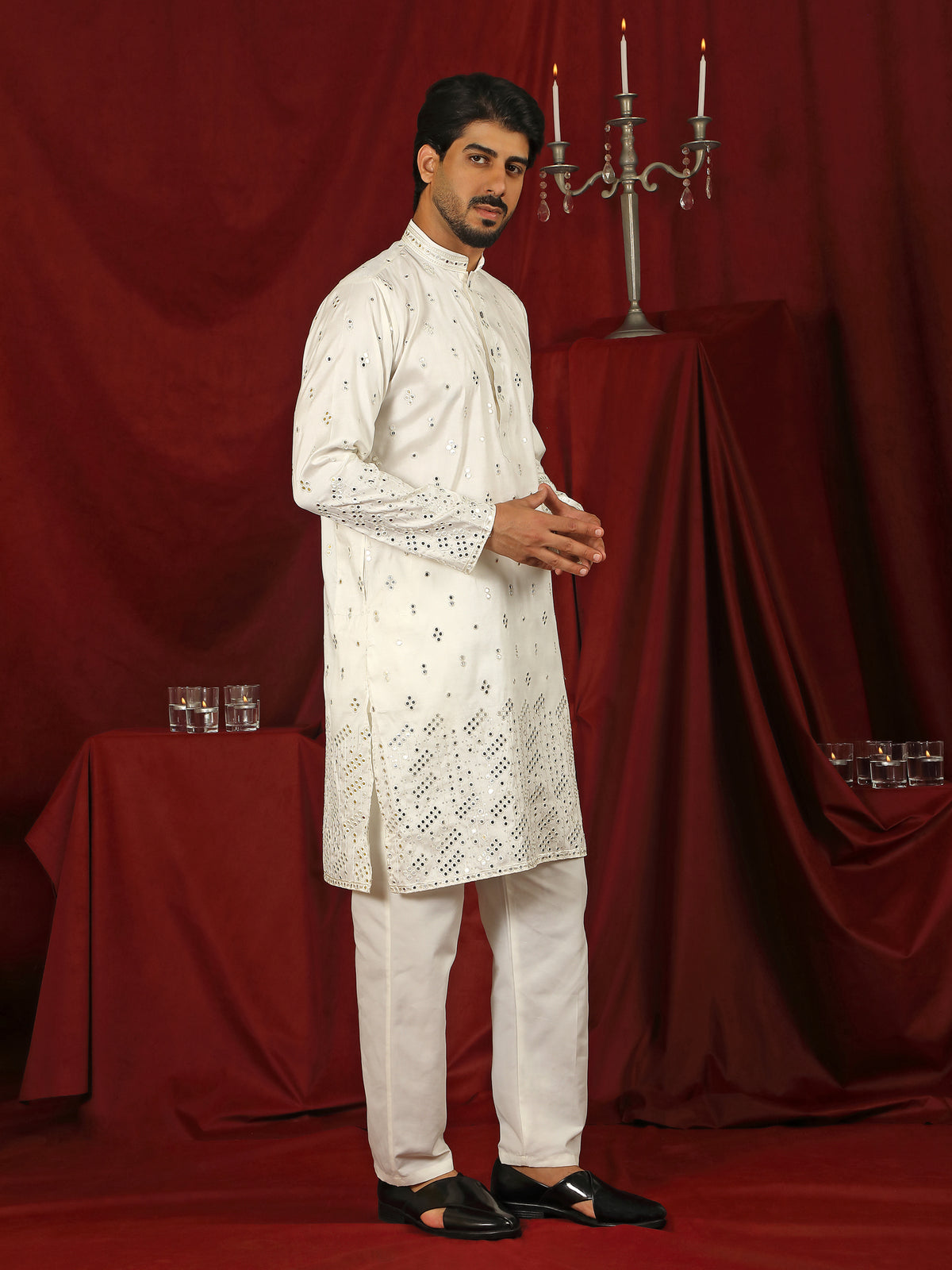 Luxe Men's Cotton Silk Fabric All Over Floral Patterned Mirror Embroidery Work Kurta - Cream