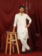 Luxe Men's Cotton Silk Fabric All Over Floral Patterned Mirror Embroidery Work Kurta - Cream