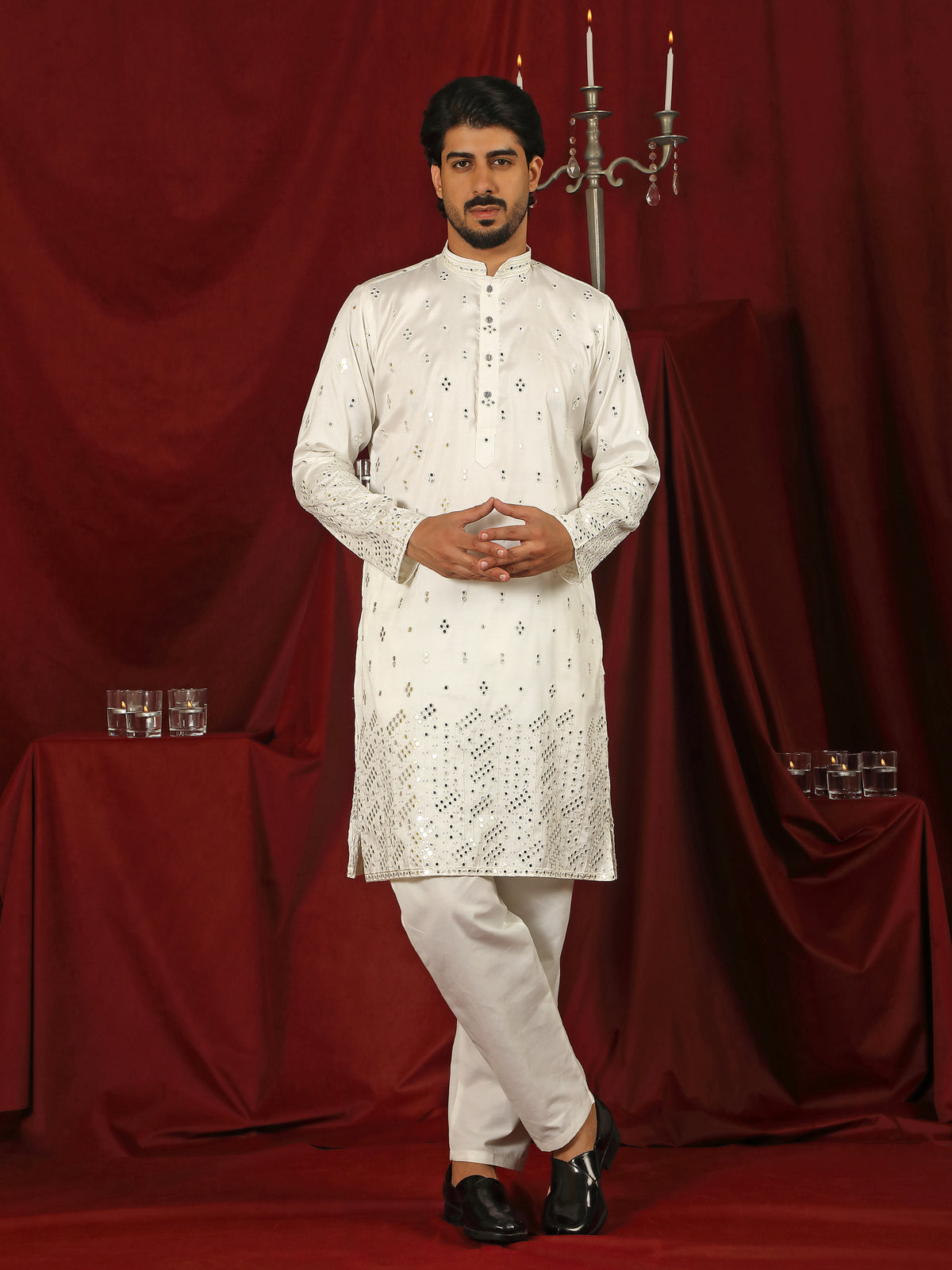 Luxe Men's Cotton Silk Fabric All Over Floral Patterned Mirror Embroidery Work Kurta with Trouser Set - Cream