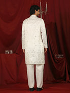 Luxe Men's Cotton Silk Fabric All Over Floral Patterned Mirror Embroidery Work Kurta with Trouser Set - Cream