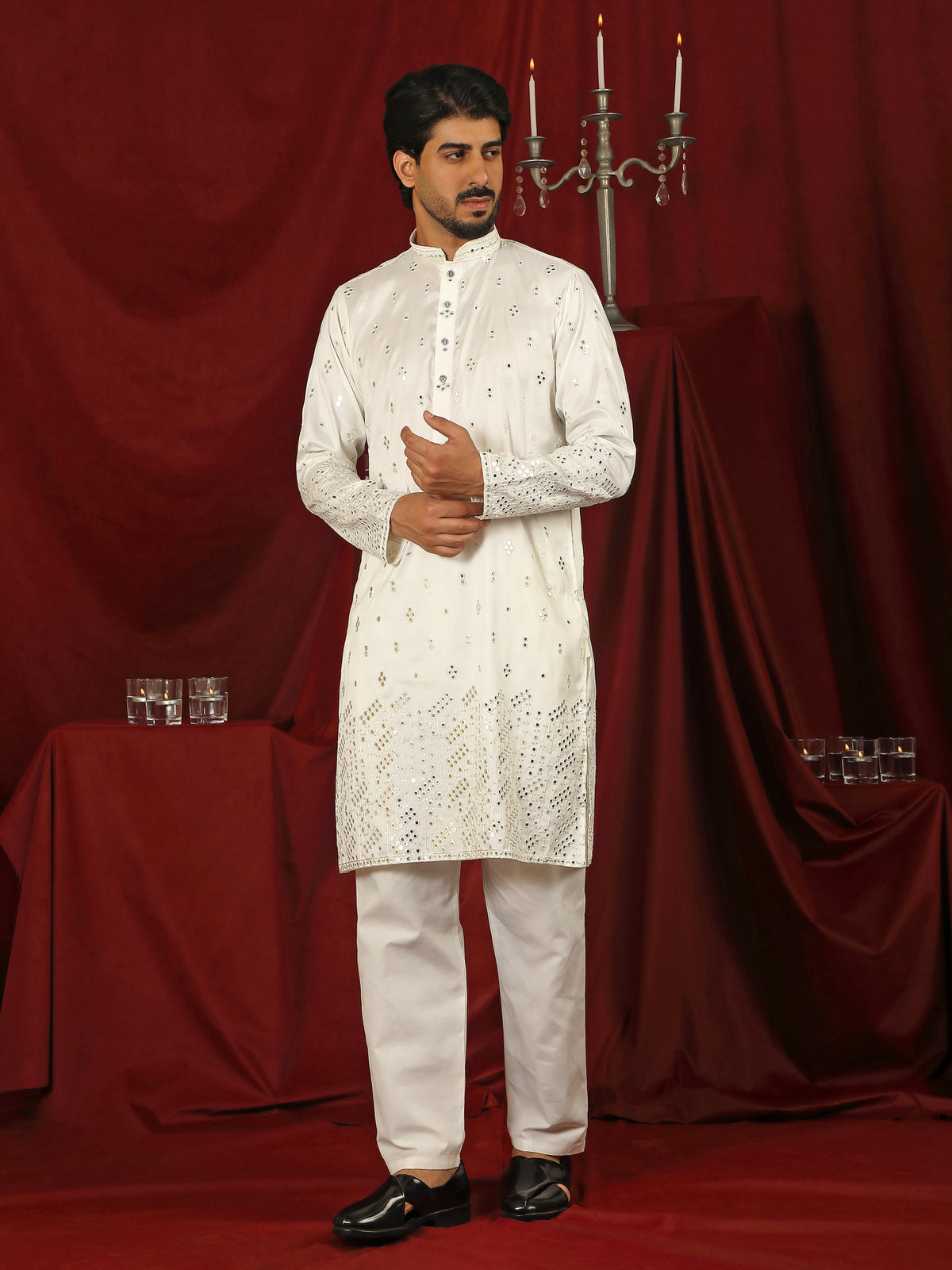Luxe Men's Cotton Silk Fabric All Over Floral Patterned Mirror Embroidery Work Kurta with Trouser Set - Cream