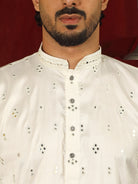 Luxe Men's Cotton Silk Fabric All Over Floral Patterned Mirror Embroidery Work Kurta with Trouser Set - Cream