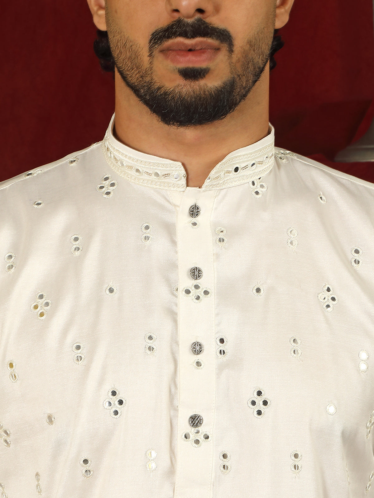 Luxe Men's Cotton Silk Fabric All Over Floral Patterned Mirror Embroidery Work Kurta with Trouser Set - Cream