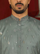 Luxe Men's Cotton Silk Fabric All Over Floral Patterned Mirror Embroidery Work Kurta - Green