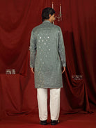 Luxe Men's Cotton Silk Fabric All Over Floral Patterned Mirror Embroidery Work Kurta - Green