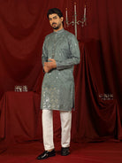 Luxe Men's Cotton Silk Fabric All Over Floral Patterned Mirror Embroidery Work Kurta - Green