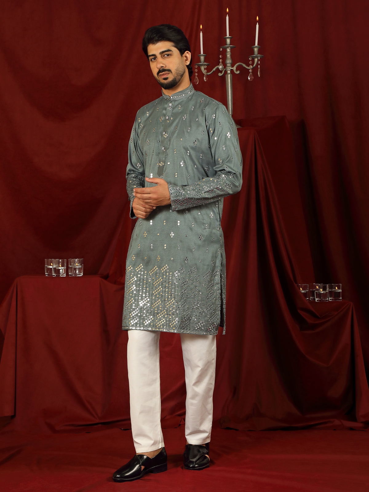 Luxe Men's Cotton Silk Fabric All Over Floral Patterned Mirror Embroidery Work Kurta - Green