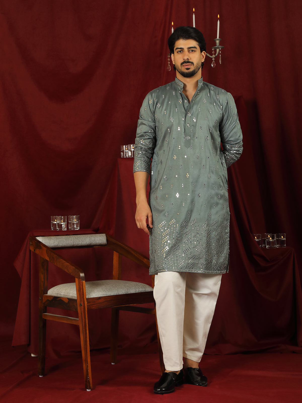 Luxe Men's Cotton Silk Fabric All Over Floral Patterned Mirror Embroidery Work Kurta - Green