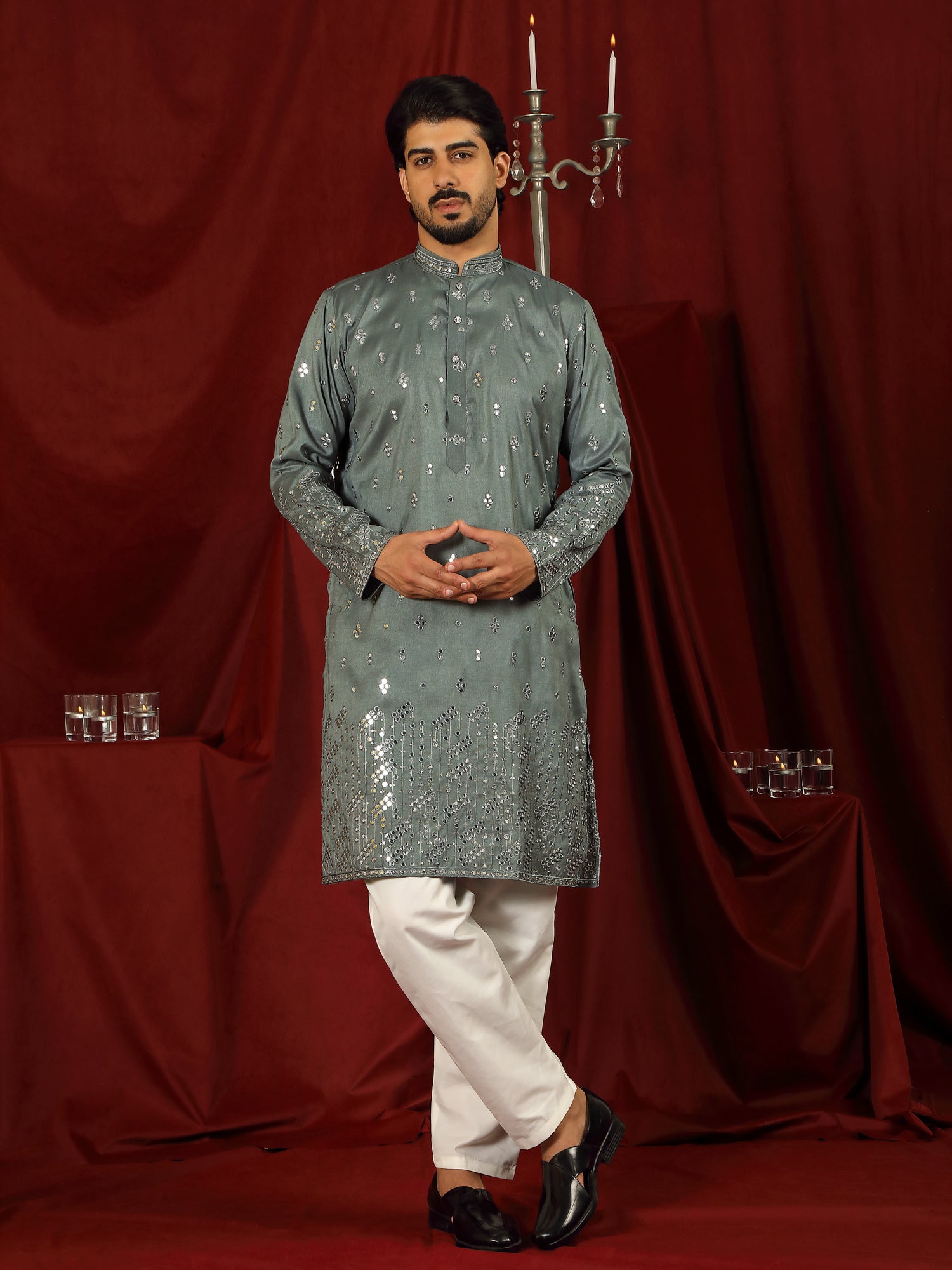 Luxe Men's Cotton Silk Fabric All Over Floral Patterned Mirror Embroidery Work Kurta with Trouser Set - Green