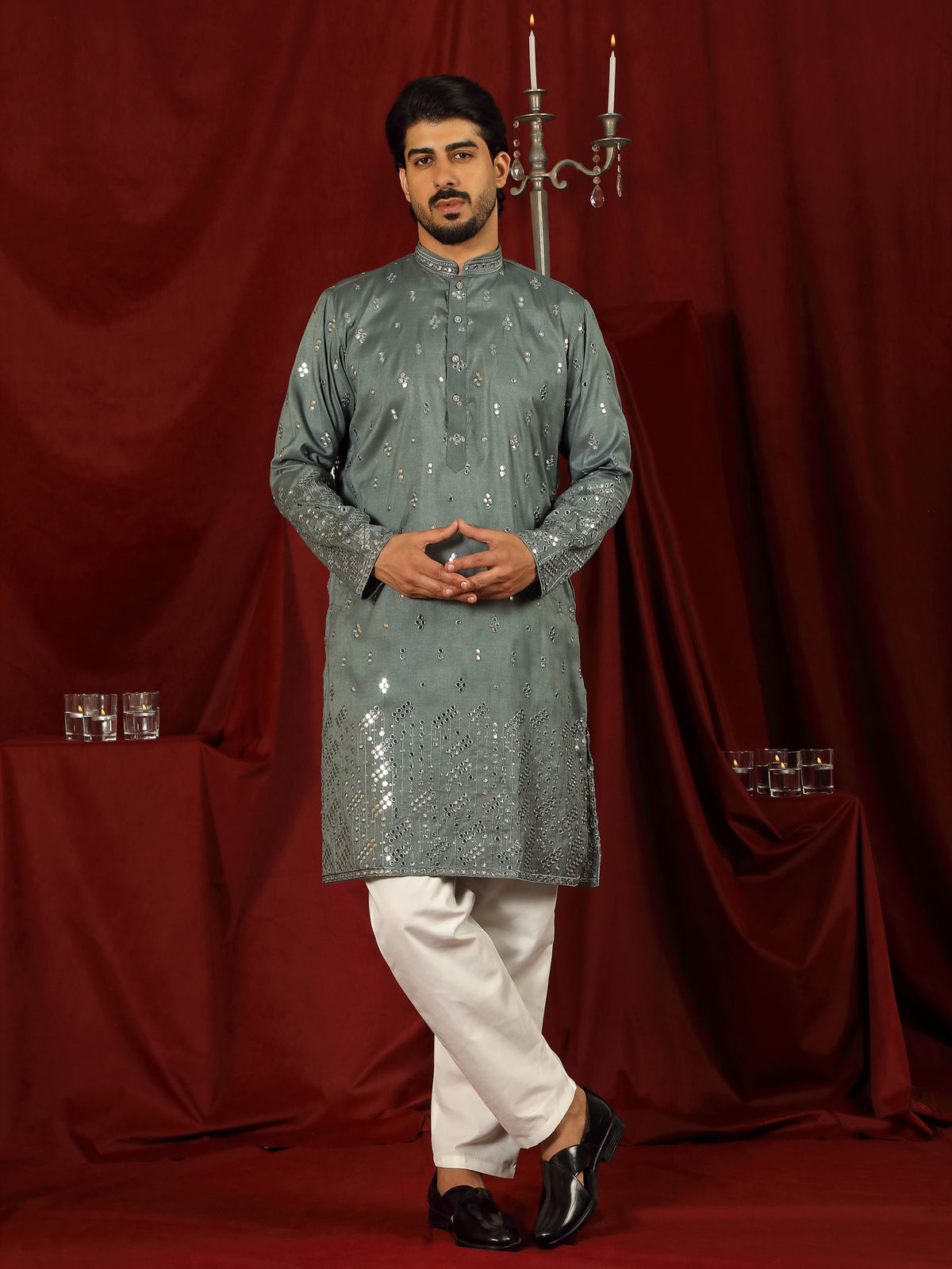 Luxe Men's Cotton Silk Fabric All Over Floral Patterned Mirror Embroidery Work Kurta with Trouser Set - Green