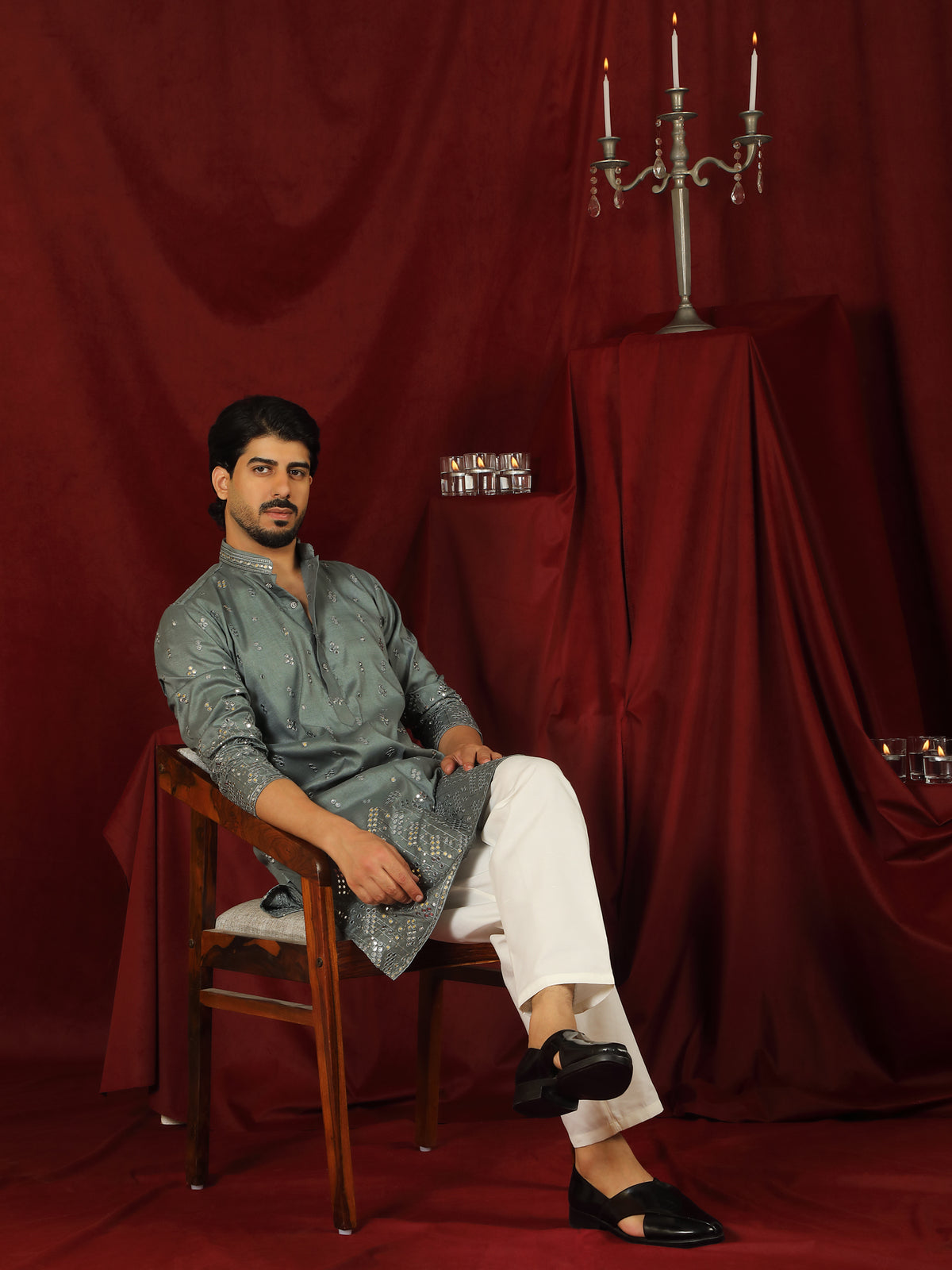 Luxe Men's Cotton Silk Fabric All Over Floral Patterned Mirror Embroidery Work Kurta with Trouser Set - Green