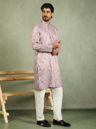 Luxe Men's Cotton Silk Fabric All Over Floral Patterned Mirror Embroidery Work Kurta - Mauve