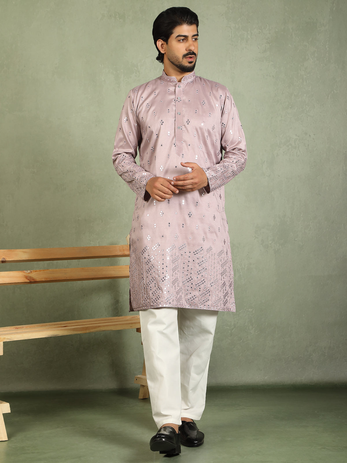 Luxe Men's Cotton Silk Fabric All Over Floral Patterned Mirror Embroidery Work Kurta with Trouser Set - Mauve