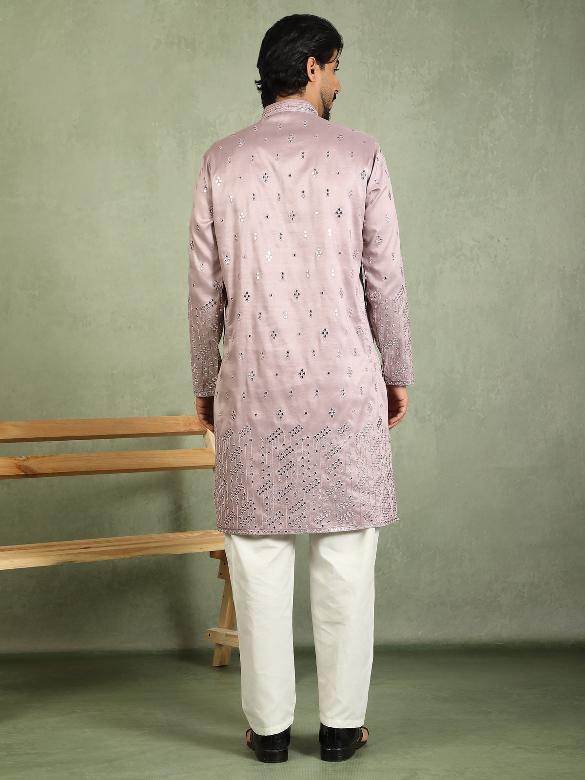 Luxe Men's Cotton Silk Fabric All Over Floral Patterned Mirror Embroidery Work Kurta with Trouser Set - Mauve