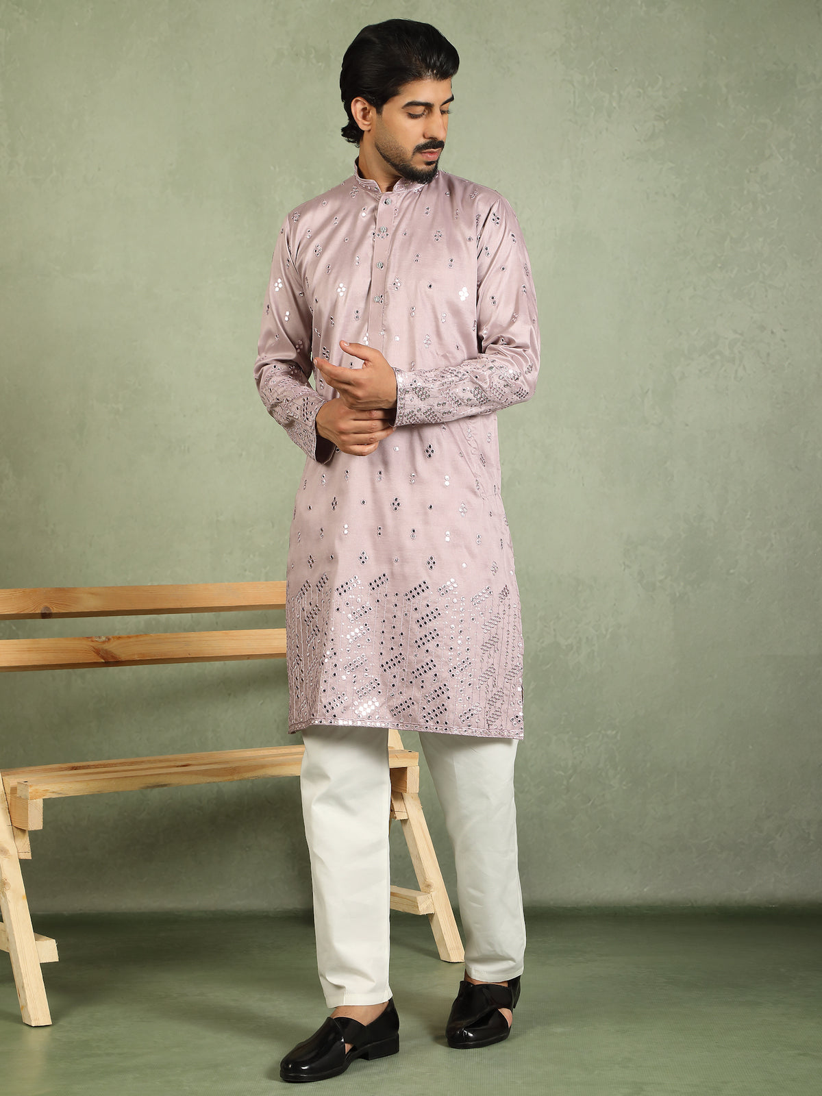 Luxe Men's Cotton Silk Fabric All Over Floral Patterned Mirror Embroidery Work Kurta with Trouser Set - Mauve