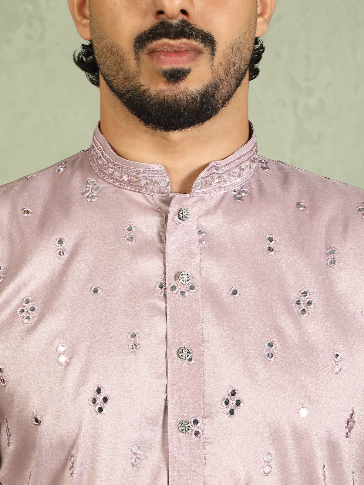 Luxe Men's Cotton Silk Fabric All Over Floral Patterned Mirror Embroidery Work Kurta with Trouser Set - Mauve