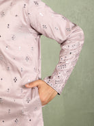 Luxe Men's Cotton Silk Fabric All Over Floral Patterned Mirror Embroidery Work Kurta with Trouser Set - Mauve