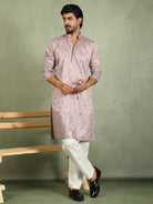 Luxe Men's Cotton Silk Fabric All Over Floral Patterned Mirror Embroidery Work Kurta with Trouser Set - Mauve
