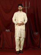 Luxe Men's Tissue Floral Zari Embroidery Daman Work Kurta - Beige