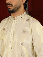 Luxe Men's Tissue Floral Zari Embroidery Daman Work Kurta - Beige