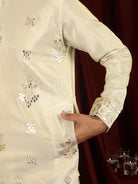 Luxe Men's Tissue Floral Zari Embroidery Daman Work Kurta - Beige