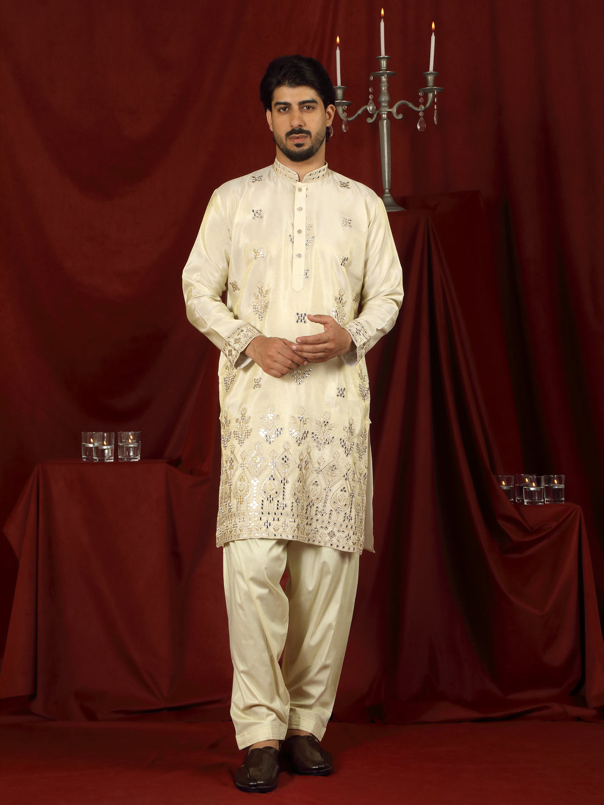 Luxe Men's Tissue Floral Zari Embroidery Daman Work Kurta with Salwar Set - Beige