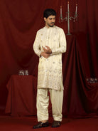 Luxe Men's Tissue Floral Zari Embroidery Daman Work Kurta with Salwar Set - Beige