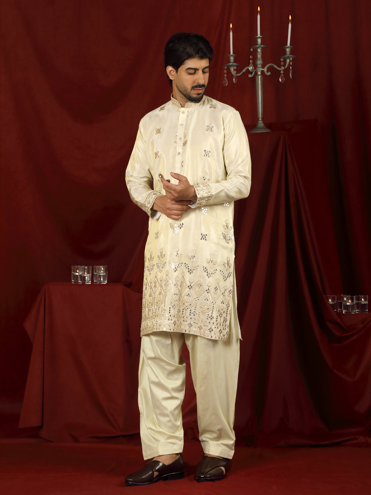 Luxe Men's Tissue Floral Zari Embroidery Daman Work Kurta with Salwar Set - Beige